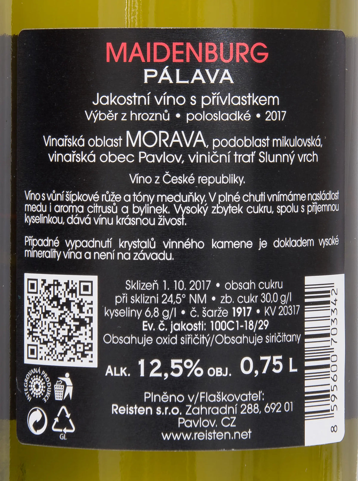 Zadní etiketa – Pálava Maidenburg