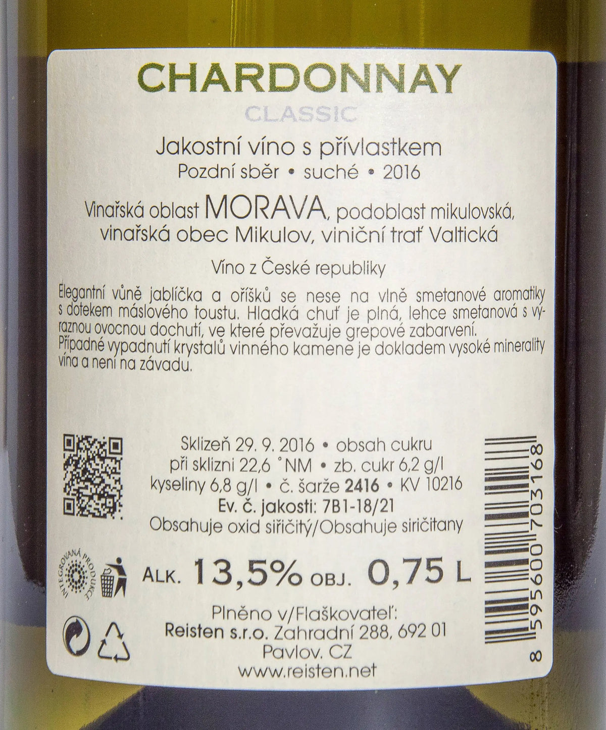Zadní etiketa – Chardonnay Classic
