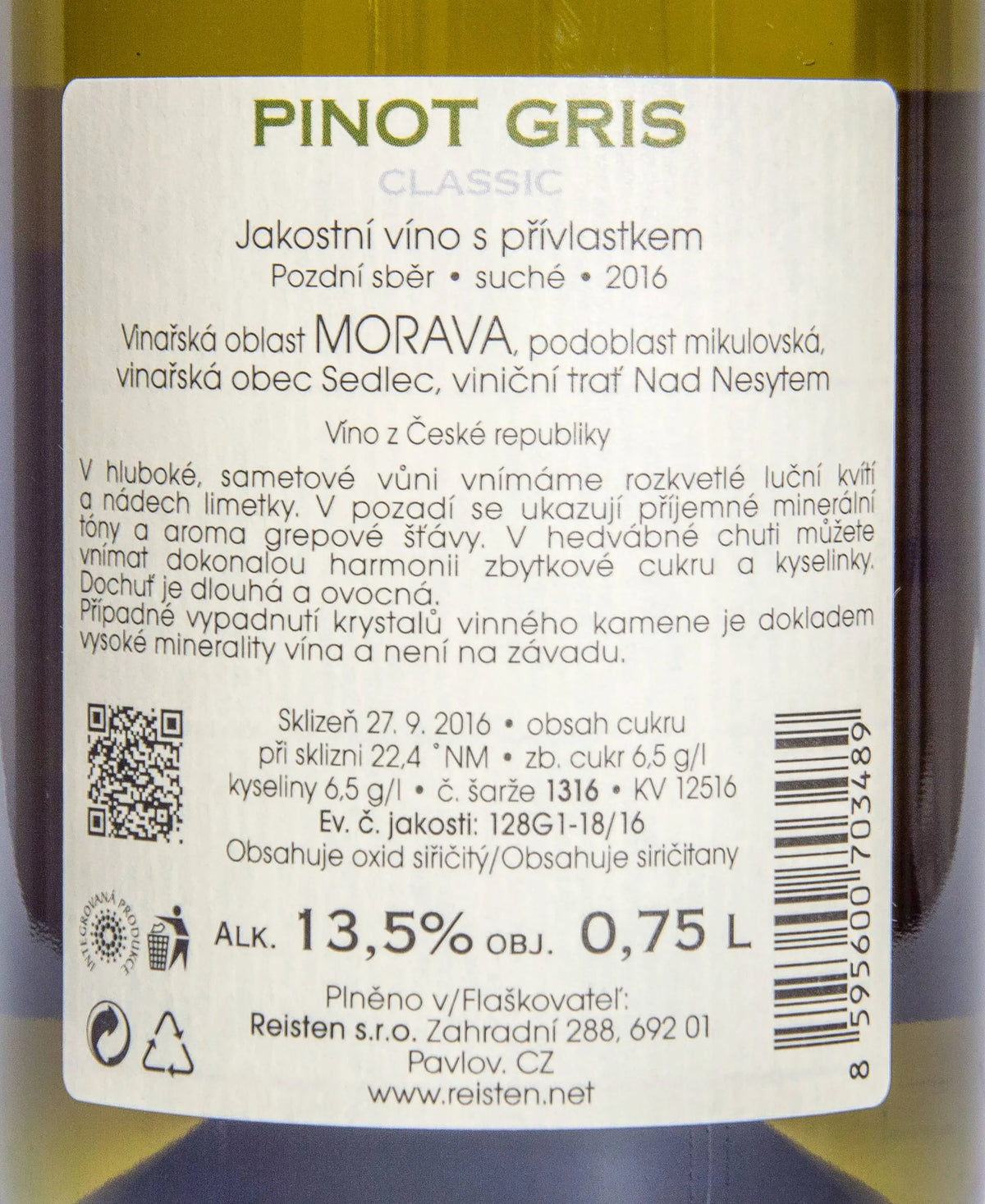 Zadní etiketa – Pinot gris Classic