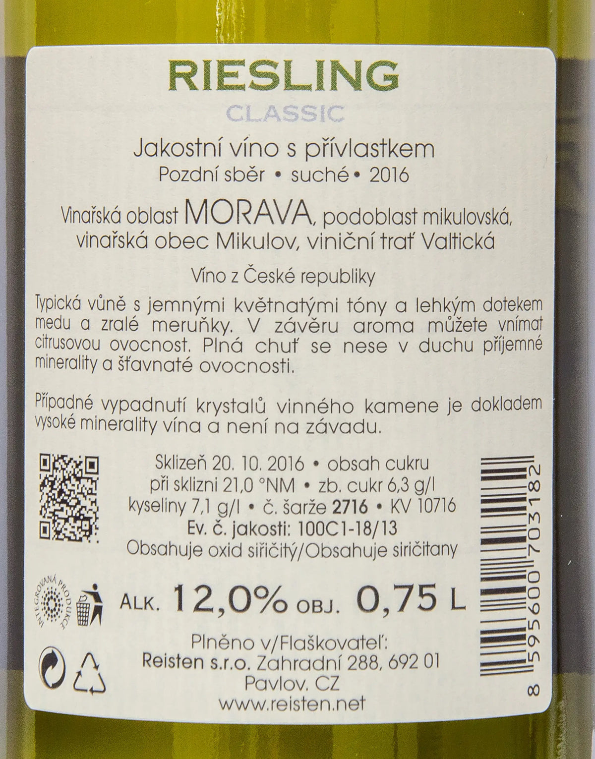 Zadní etiketa – Riesling Classic
