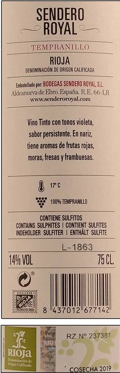 Zadní etiketa – Rioja Tempranillo