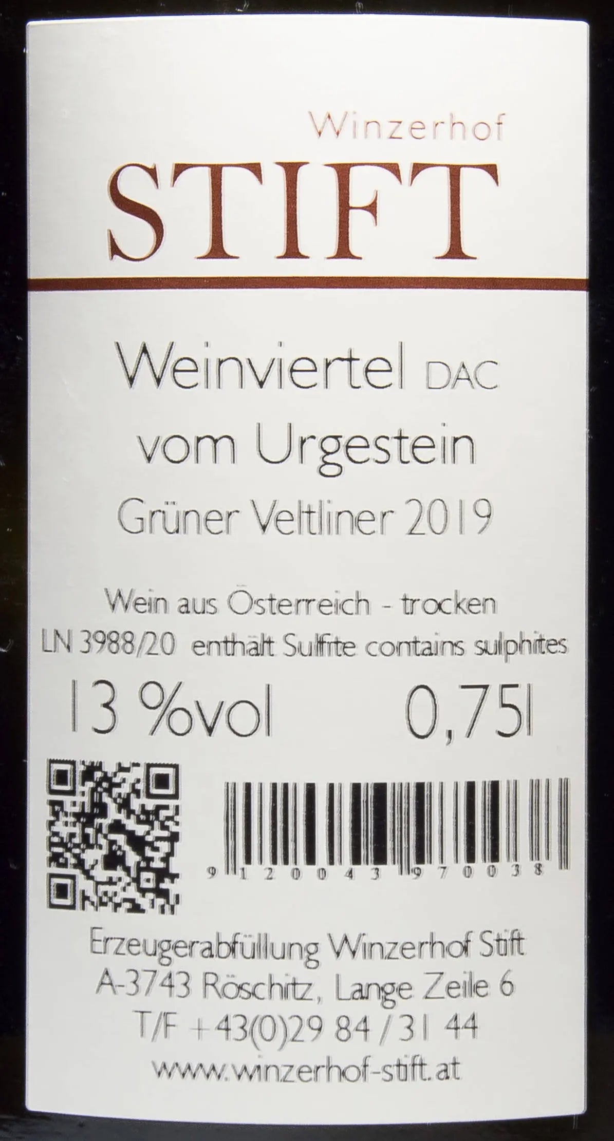 Zadní etiketa – Grüner Veltliner vom Urgestein