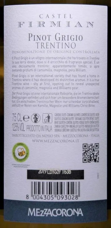 Zadní etiketa – Pinot grigio - Castel Firmian