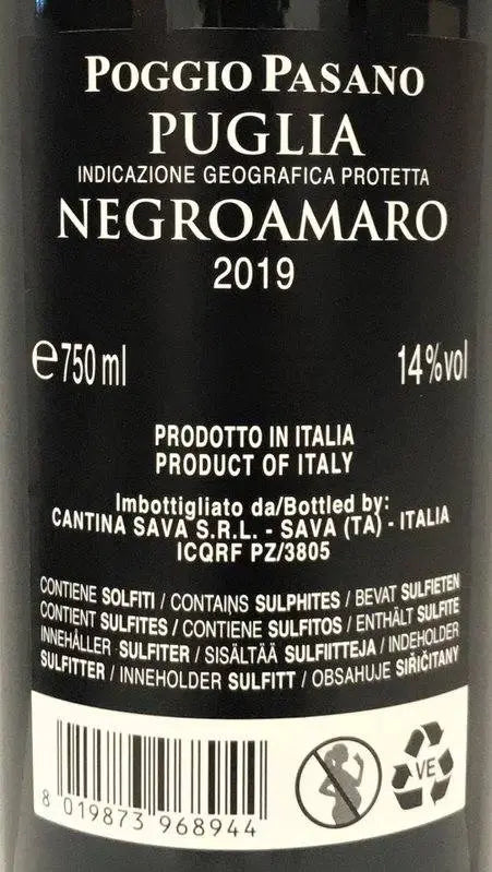 Zadní etiketa – Negroamaro Poggio Pasano, Cantine Sava