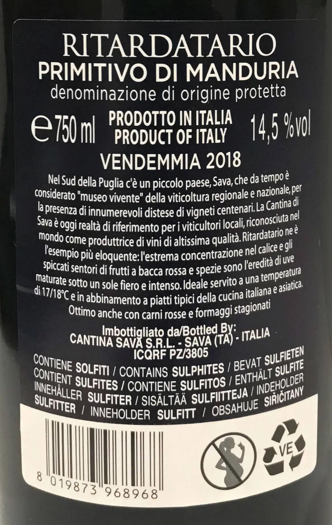 Zadní etiketa – Primitivo di Manduria "Ritardatario", Cantine Sava