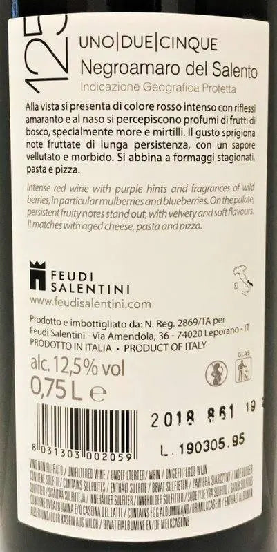 Zadní etiketa – 125 Negroamaro del Salento
