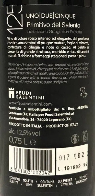 Zadní etiketa – 125 Primitivo del Salento