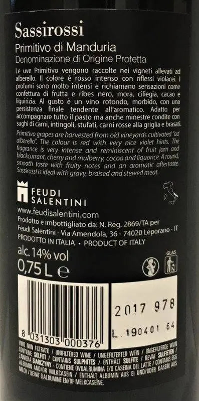 Zadní etiketa – Sassirossi Primitivo di Manduria