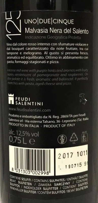Zadní etiketa – 125 Malvasia Nera IGP