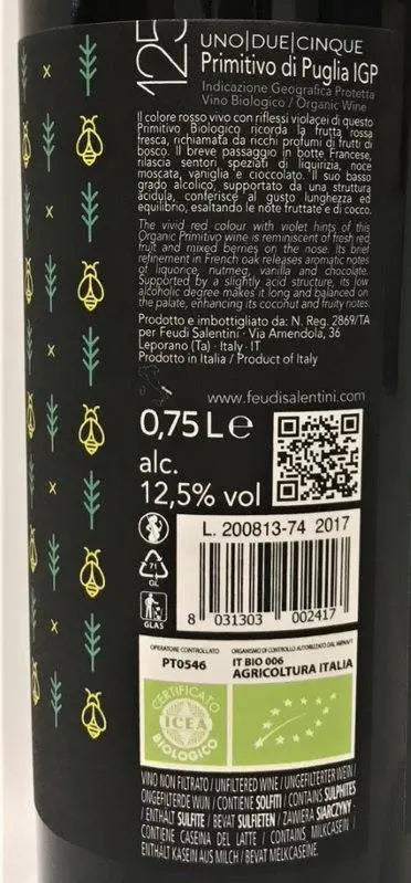 Zadní etiketa – 125 BIOLOGICO Primitivo