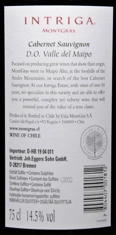 Zadní etiketa – Cabernet Sauvignon Intriga