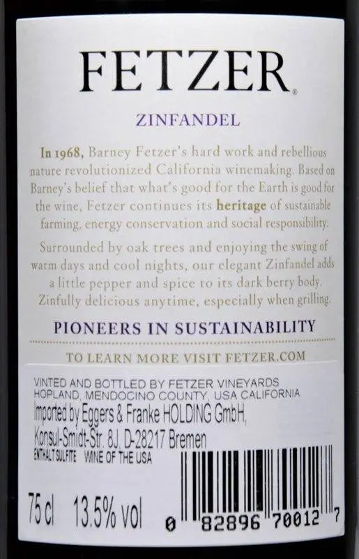 Zadní etiketa – Zinfandel "Valley Oaks"