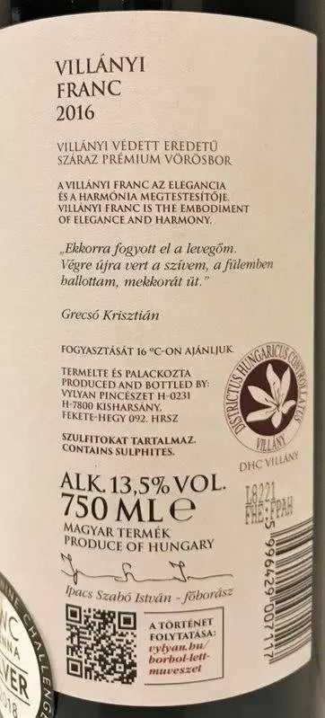 Zadní etiketa – Cabernet Franc