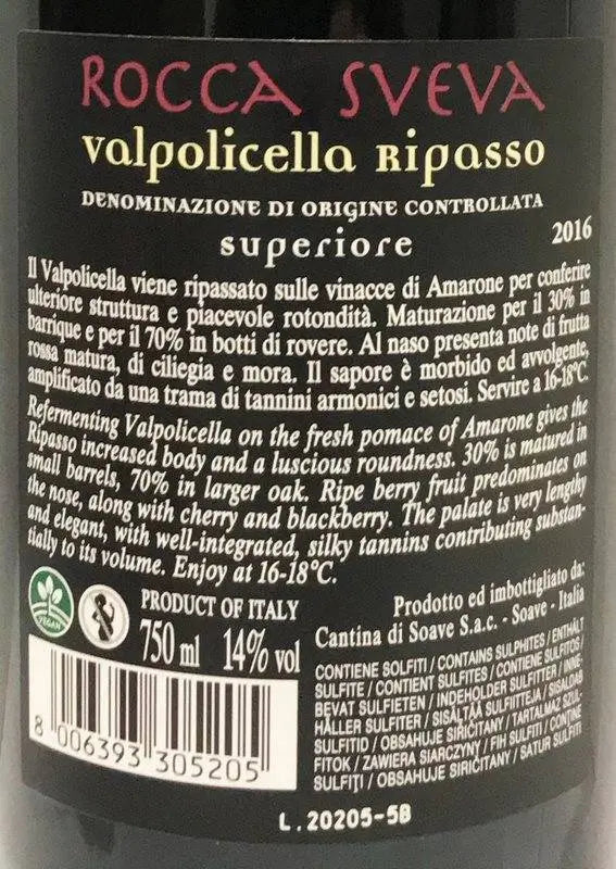 Zadní etiketa – Valpolicella Superiore Ripasso