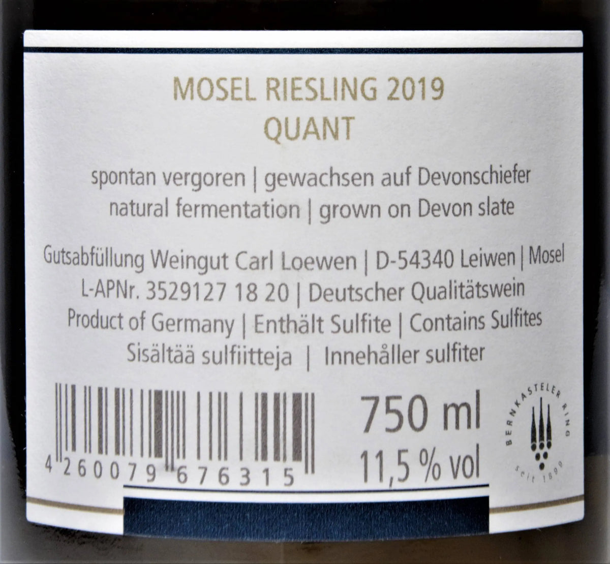 Zadní etiketa – Riesling trocken "Quant"