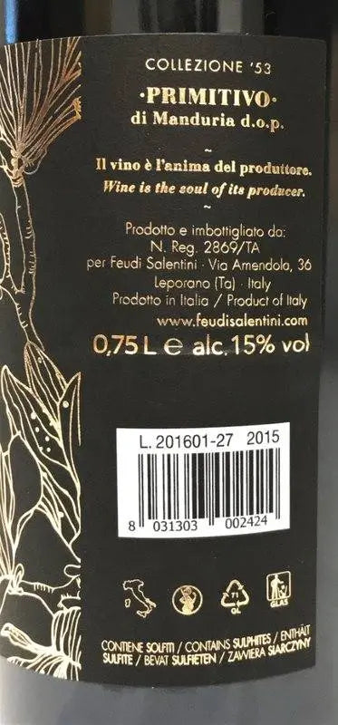 Zadní etiketa – Collezione 53 Primitivo di Manduria old vines