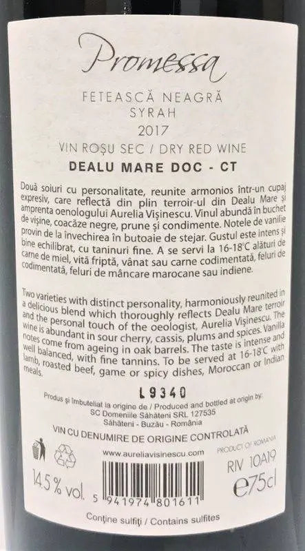 Zadní etiketa – Promessa Feteasca Neagra & Syrah