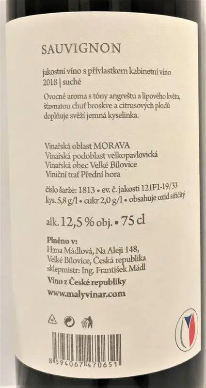 Zadní etiketa – Sauvignon