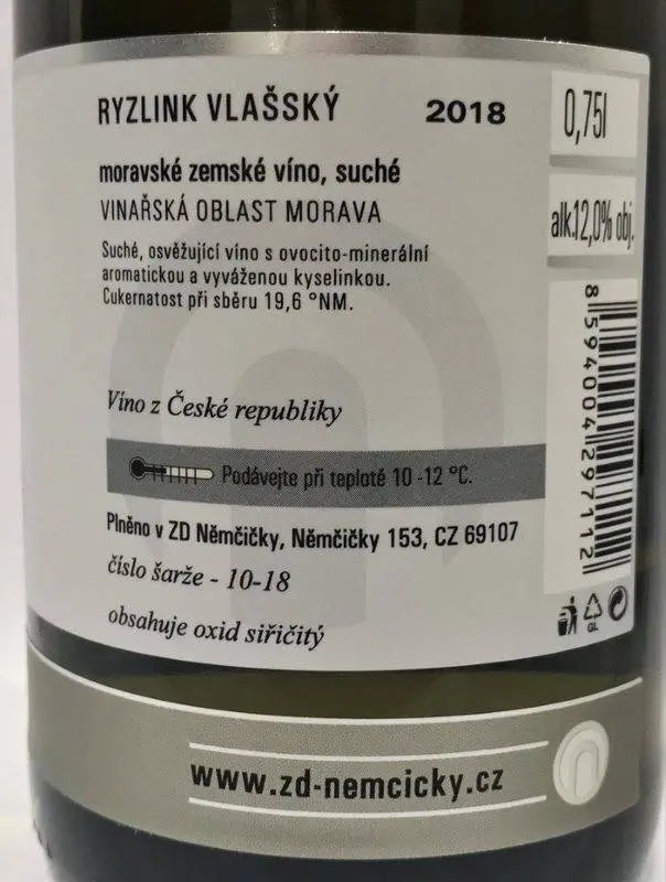Zadní etiketa – Ryzlink vlašský