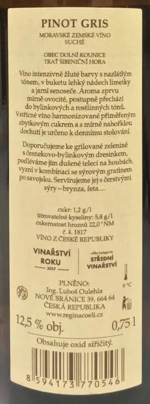 Zadní etiketa – Pinot gris