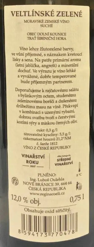 Zadní etiketa – Veltlínské zelené
