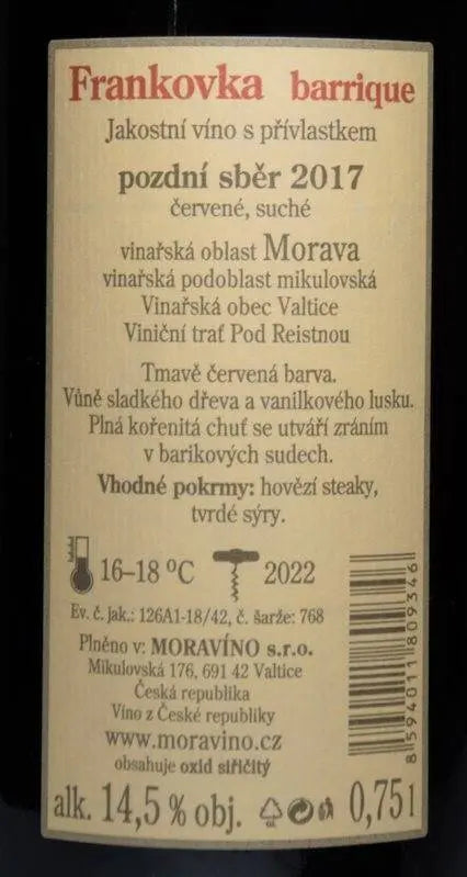 Zadní etiketa – Frankovka barrique