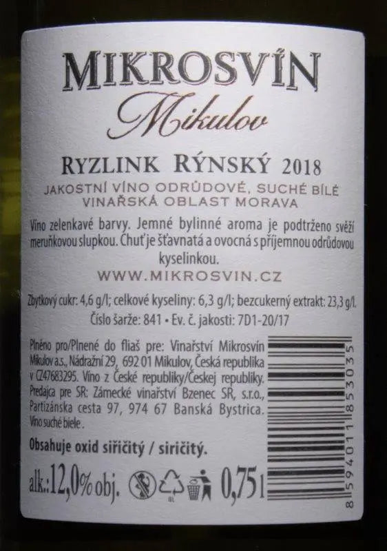 Zadní etiketa – Ryzlink rýnský