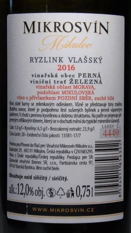 Zadní etiketa – Ryzlink vlašský Železná