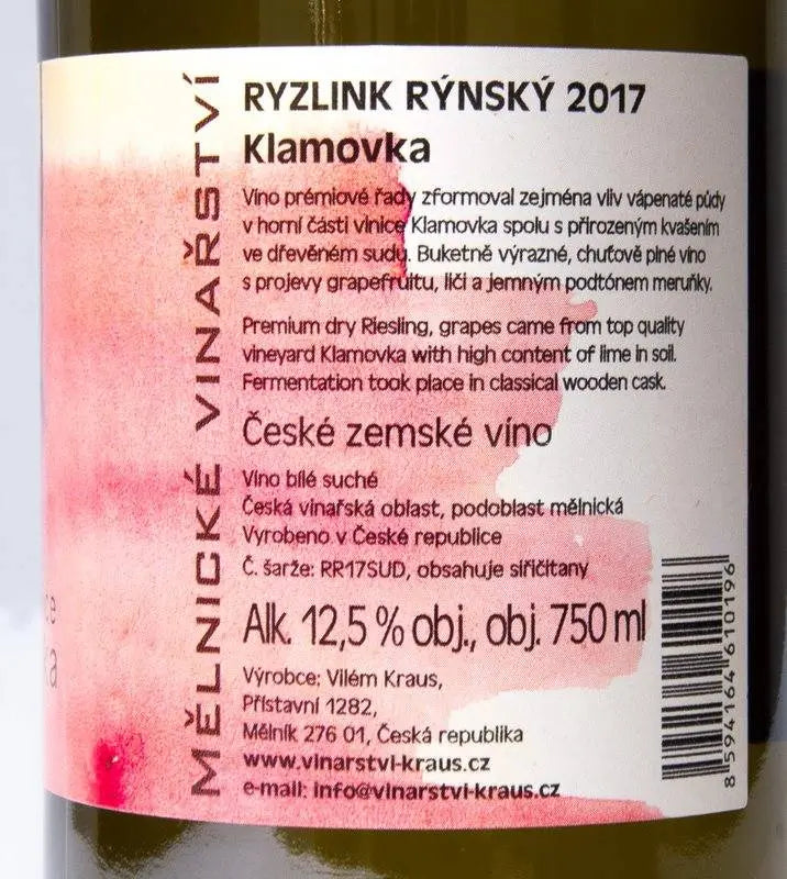 Zadní etiketa – Ryzlink rýnský Klamovka