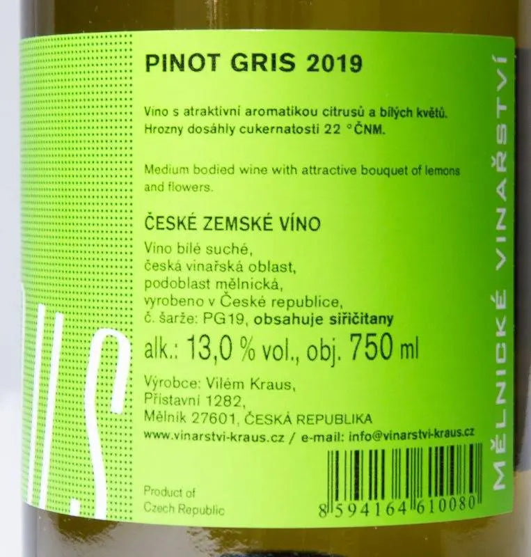 Zadní etiketa – Pinot Gris