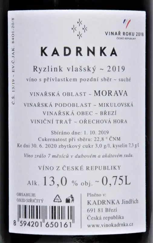 Zadní etiketa – K2 Ryzlink vlašský Ořechová hora
