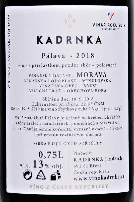 Zadní etiketa – K3 Pálava Ořechová hora