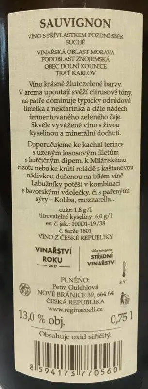 Zadní etiketa – Sauvignon "Karlov"
