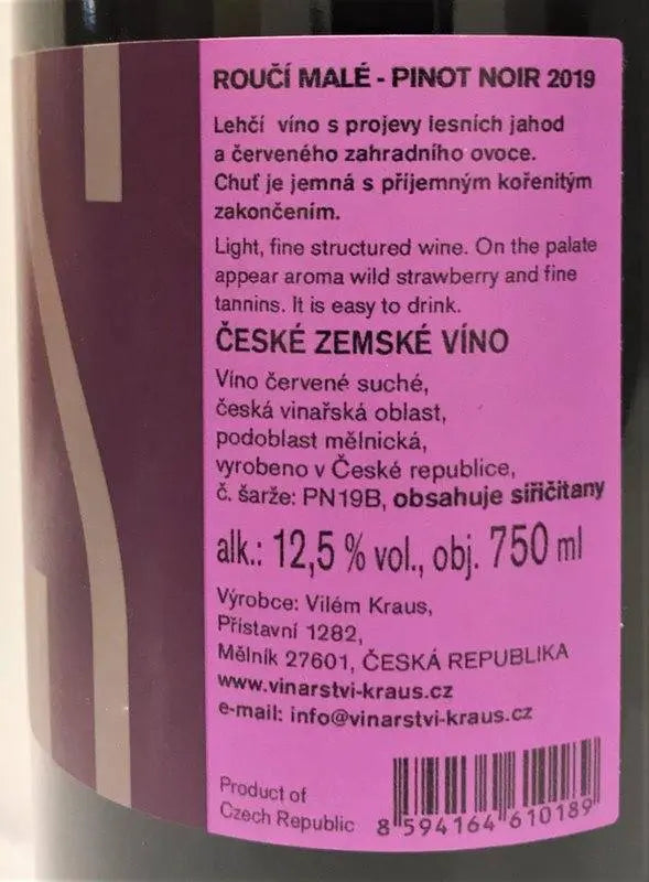 Zadní etiketa – Roučí malé - Pinot noir