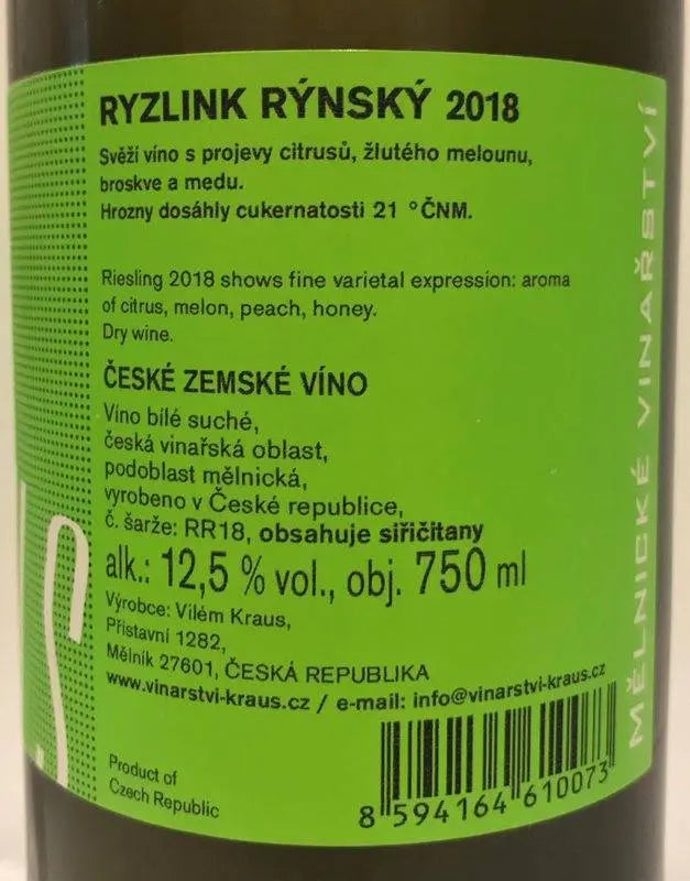 Zadní etiketa – Ryzlink rýnský