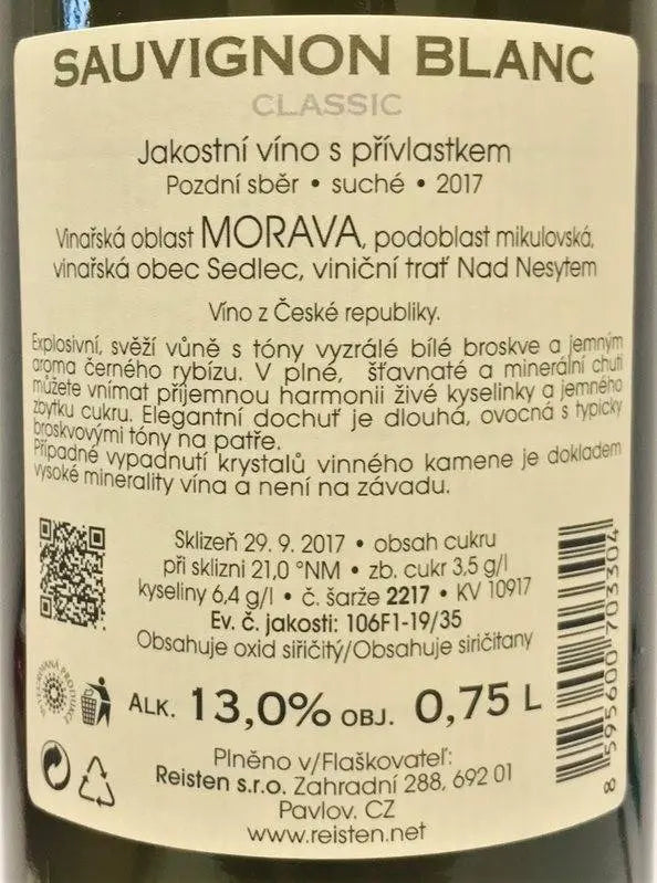 Zadní etiketa – Sauvignon blanc Classic
