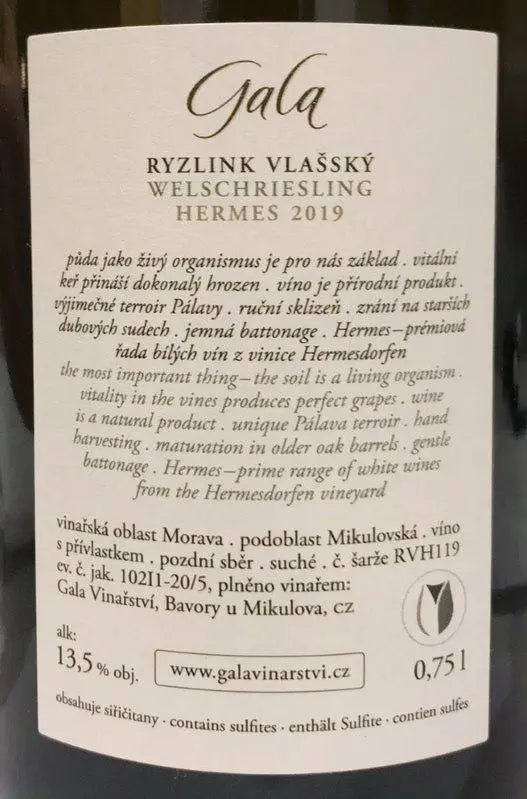 Zadní etiketa – Ryzlink vlašský Hermes