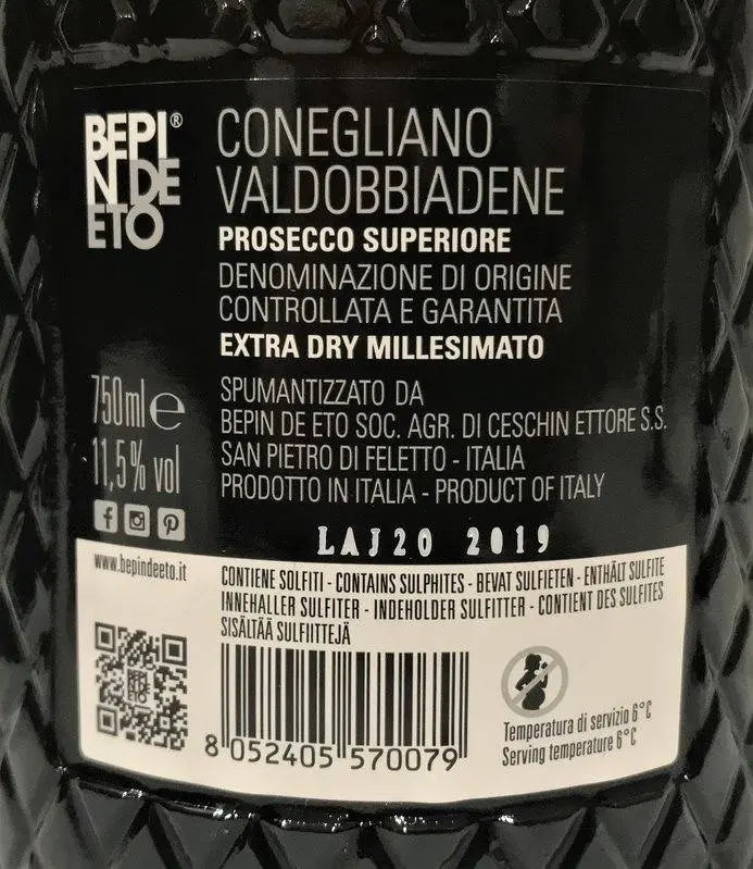 Zadní etiketa – Prosecco Superiore Extra dry Millesimato