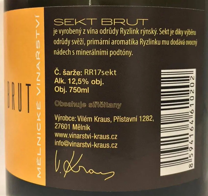 Zadní etiketa – Sekt Ryzlink rýnský