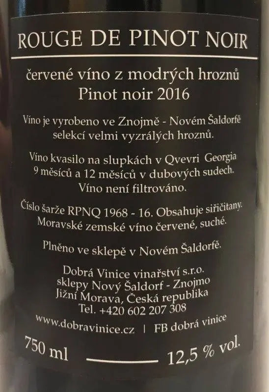 Zadní etiketa – Rouge de Pinot noir qvevri