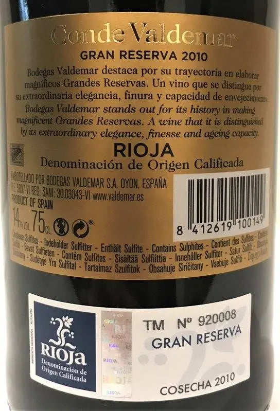 Zadní etiketa – Gran Reserva Rioja