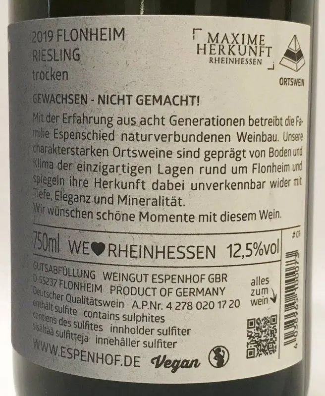 Zadní etiketa – Riesling Flonheim QbA