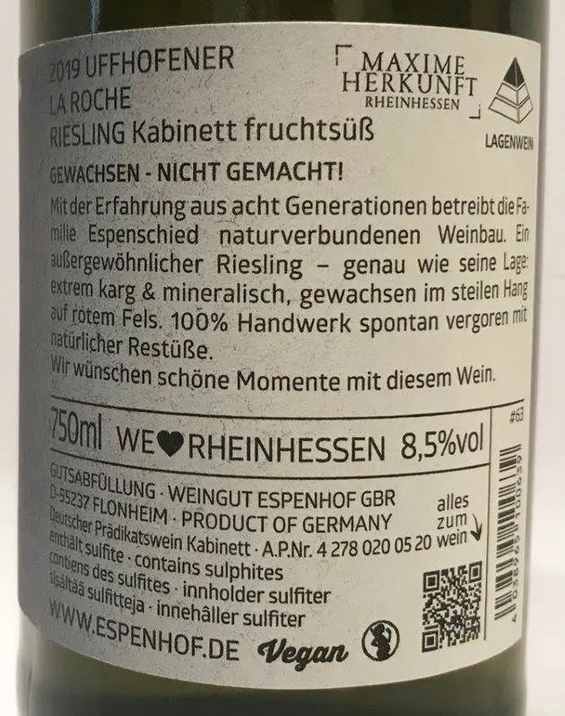 Zadní etiketa – Riesling La Roche