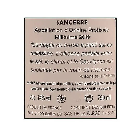 Zadní etiketa – Sancerre Sauvignon blanc