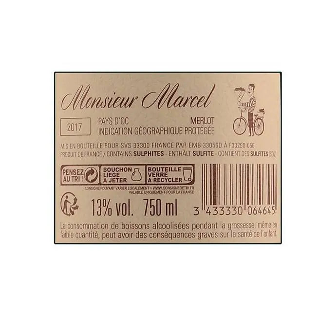 Zadní etiketa – Merlot Mr. Marcel