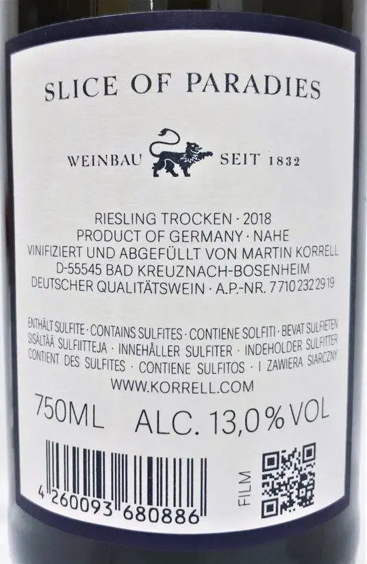 Zadní etiketa – Riesling Slice of Paradise