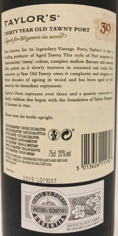 Zadní etiketa – Taylor's 30 years old Tawny