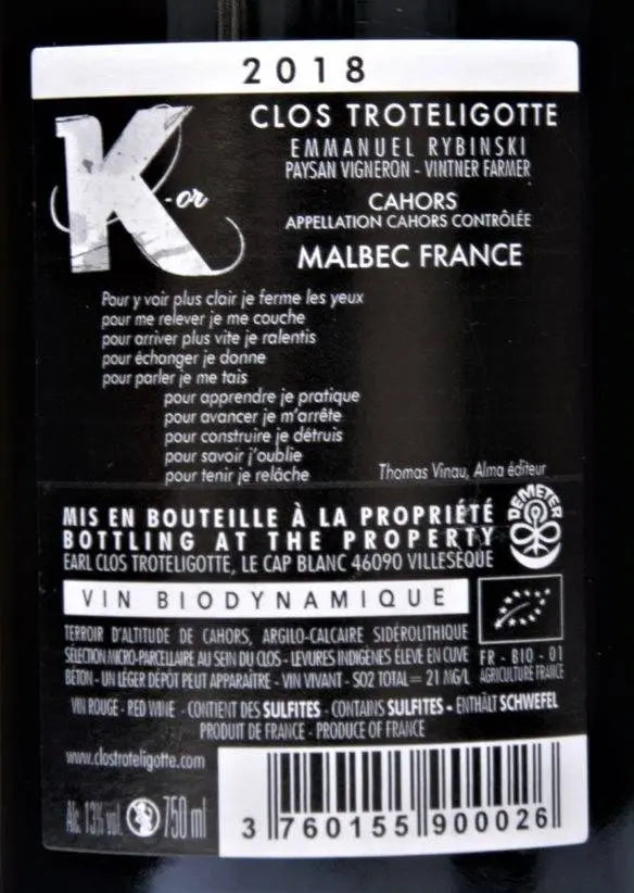 Zadní etiketa – Malbec K-or