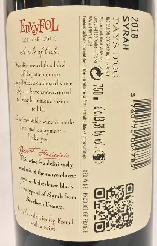 Zadní etiketa – Syrah Envyfol