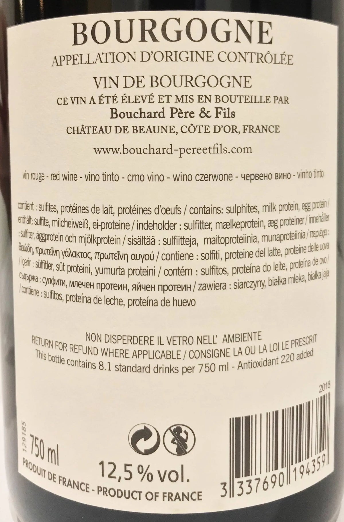 Zadní etiketa – Bourgogne Pinot noir AOC